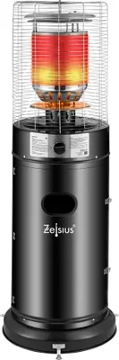 A black gas patio heater with flames visible inside a glass enclosure, set against a white background.