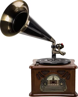A retro-style record player with a horn speaker, set against a white background.