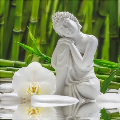 Produktbild von levandeo Glasbild 30x30cm Weiße Orchidee Bambus Buddha Wandbild Wanddeko