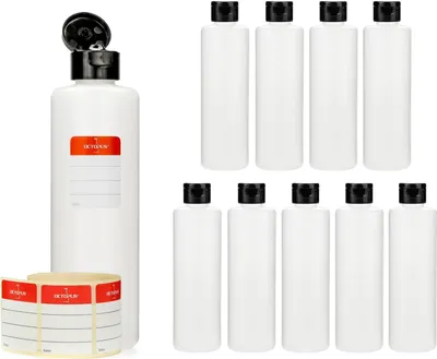 Produktbild von 10 Plastikflaschen 250 ml rund aus HDPE, natur, G25, Klappscharnierverschluss aus PP schwarz