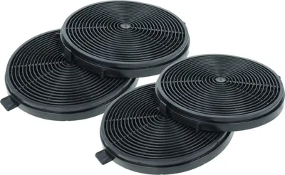 Four black circular activated carbon filters are arranged in a cluster on a white background.
