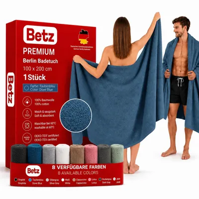 Produktbild von Betz Badetuch XXL 100x200 cm – 1 Stück – Saunatuch & Strandtuch, 360 g/m² –saugstark & weich – großes Handtuch mit Aufhänger- Serie Berlin- Taubenblau