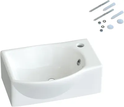 Produktbild von AQUABATOS Hängewaschbecken Keramik Waschtisch Handwaschbecken, Hahnloch Rechts, mit Überlauf, Stockschrauben, Ohne wasserhahn, Ohne ablaufventil, Weiß, Eckig-Oval 405 x 280 x 120 mm