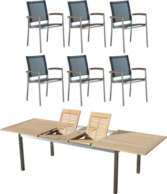 Produktbild von ALEOS. Gartengarnitur Edelstahl Batyline A-Grade Teak Holz Set Ausziehtisch 200-240-280 x 100 cm + 6 Sessel Serie KUBA-SCHWARZ Gastroqualität