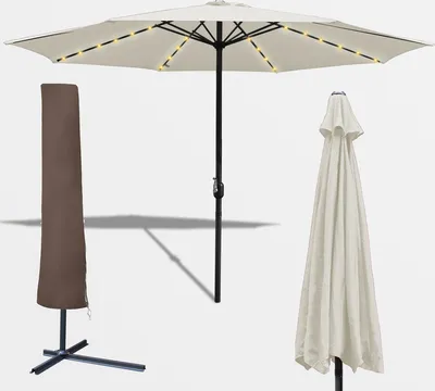 Image de Jopassy Parasol de jardin 3 m avec LED solaire et housse de protection Parasol de terrasse UV40+ avec manivelle Parasol de balcon, beige, 3 m