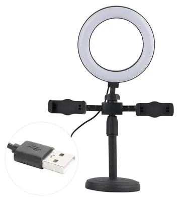 Zdjęcie produktu dla Podwójny uchwyt na telefon z lampą pierścieniową LED o średnicy 15 cm, idealny do transmisji na żywo