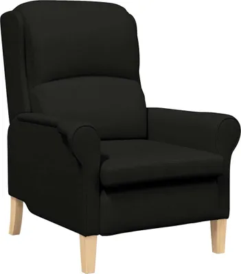 A black fabric armchair with wooden legs, shown against a white background.
