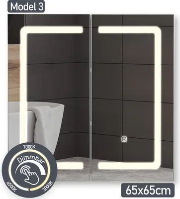 A bathroom mirror with integrated LED lighting, showing a modern bathroom setting.