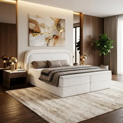 Produktbild von Boxspringbett BONITO 160x200 mit Bettkasten inkl. Matratze H3 und Topper Polsterbett Doppelbett Bouclé-Stoff MONTE Weiß