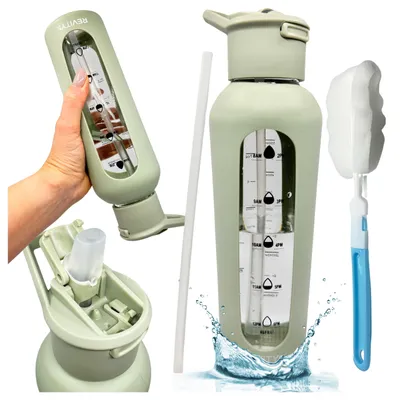 Produktbild von Trinkflasche aus Glas, Wasserflasche 700 ml mit Silikonhülle und Trinkstutzen, KI-generiertes Bild