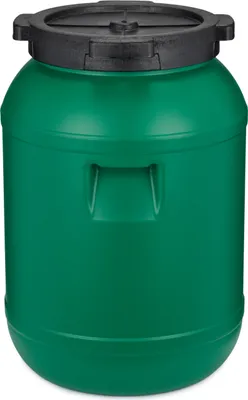 A green plastic barrel with a black lid, shown from the front.