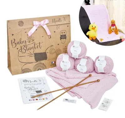 Brei-Set für Anfänger mit Nadeln – DIY Babydecke (Rosa)
