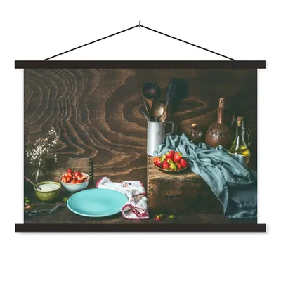 Produktbild von MuchoWow® Textilposter Rustikal - Obst - Küchenutensilien - Erdbeere 150x100 cm mit schwarzem Rahmen - Schlafzimmer