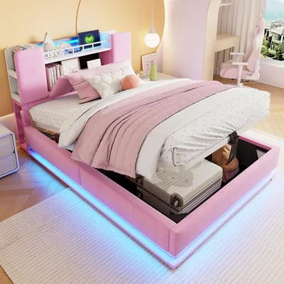 Immagine prodotto di Letto imbottito 90x200 cm, con illuminazione a LED, dotato di porta USB, con spazio contenitore, con testiera imbottita, color beige