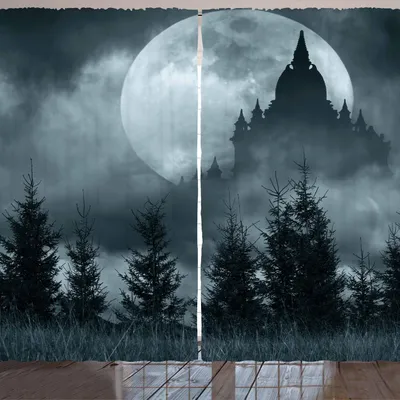 Produktbild von ARANDE Halloween Gardine, Magisches Schloss-Schattenbild über Vollmond-Nacht-Fantasie-Landschafts-furchtsamer Wald, 280 x 225 cm, Grau Hellgrau