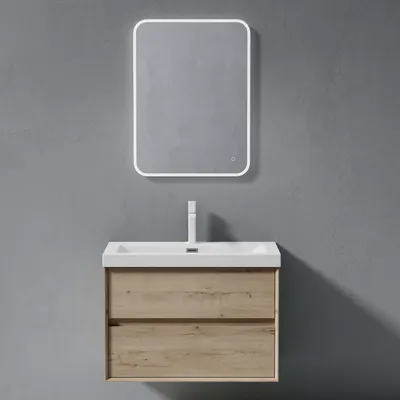 Immagine prodotto di doporro Mobile Bagno Sospeso 76,5cm, Mobiletto per Bagno con 2 Cassetti Include Lavabo e Specchio LED Bianco Rimo F161, Rovere chiaro