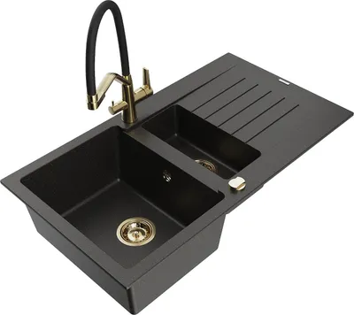 Produktbild von Mexen Matias 1,5-Becken-Granitspüle mit Abtropffläche und Mischbatterie Duo, Schwarz/Gold metallisch - 6502-75-671701-57-G