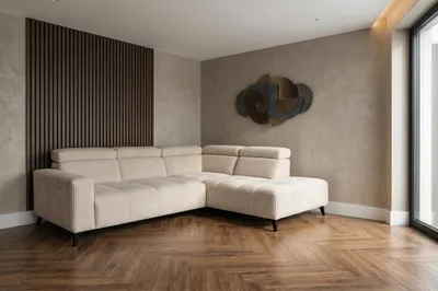 Produktbild von Modernes Ecksofa Velvet cord beige mit elektrischer Relaxfunktion | Verstellbare Kopfstützen | Edles Design