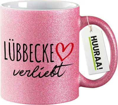 Produktbild von Huuraa Glitzertasse Lübbecke verliebt 330ml Pink Keramik Kaffeebecher Geschenkidee