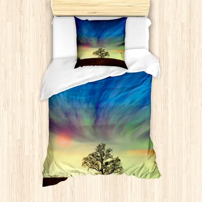 Produktbild von ABAKUHAUS Baum Mantele, Surreal Himmel Feld Ombre, Milbensicher Allergiker geeignet mit Kissenbezügen, 135 cm x 200 cm - 80 x 80 cm, Blue Lime Brown