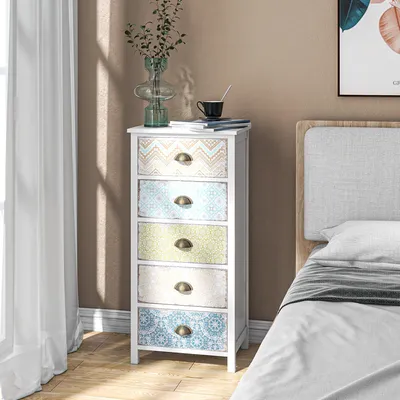 Produktbild von Kommode Shabby Chic 5 Schubladen Schlafzimmer, Schubladenschrank Sideboard, MDF Kiefernholz, Mehrfarbig | 46 x 34 x 97,5 cm | bis 50 kg
