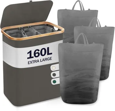 Immagine prodotto di Grande cesto portabiancheria grigio scuro da 160 litri con 3 scomparti e coperchio