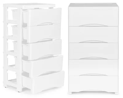 Image de Bibliothèque 5 tiroirs coulissants, pieds à roulettes - blanc
