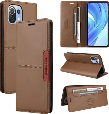 Obrázek produktu pro Pouzdro pro Xiaomi Mi 11 Lite 5G/4G, kožené flipové peněženkové pouzdro s přihrádkou na karty a stojánkem Hnědý