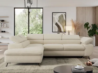 Produktbild von Couch mit Schlaffunktion, L-form Ecksofa, Wohnzimmersofa, mit Einstellbare Kopfstützen - PEDRO L - Boucle - Beige - Links
