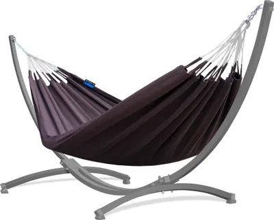 Produktbild von Potenza Outdoor Medelin Hängematte mit Gestell für 2 Personen I 100% Baumwolle Doppelhängematte 220x140, 160kg I Grau Hängemattengestell 220kg, wetterfest