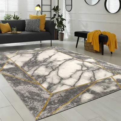 Image de Tapis salon à poils courts motif marbre bordure géométrique gris doré dimensions 120 x 170 cm