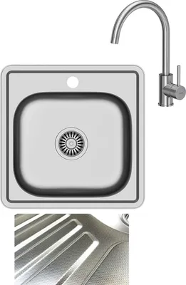 A stainless steel sink and faucet are shown against a white background, with a close-up view of the sink's textured bottom.