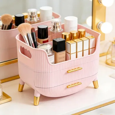 Obrázok produktu pre Organizér na make-up 2 zásuvky, 26.5 x 18 x 20.5 cm, protišmykový, pre spálňu, ružová