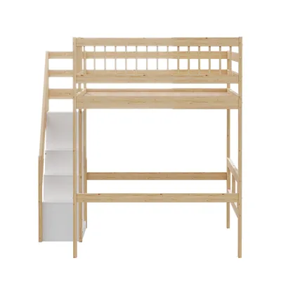 Produktbild von Flieks Etagenbett 140x200cm mit Rausfallschutz, Hochbett mit Treppe mit Kleiderstange und Ablagen, Kinderbett Doppelbett mit Lattenrost, Naturbelassen