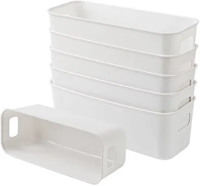 Productafbeelding van Unyqoos® Set – 6 compacte, witte opbergboxen van 28 x 10 x 10 cm, stapelbaar met handgrepen, kunststof, geschikt voor kantoor en huishouden