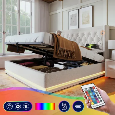 Image de Lit avec tête de lit rembourrée - 160 x 200 cm, beige, en lin, avec ports USB et USB-C, éclairage LED