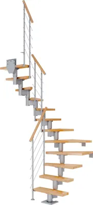 Produktbild von Dolle Mittelholmtreppe Dublin 1/2 gewendelt aus Buche lackiert 61 cm breit für GH 278–337 cm UK Metall Perlgrau mitlaufende Edelstahlstäbe