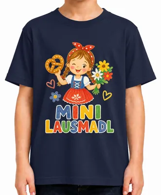 Obrázek produktu pro Mini Lausmadl, dětské tradiční bavorské oblečení: sukně Dirndl, košile s motivem Oktoberfestu, kožené kalhoty, tričko, tmavě modrá barva, velikost 116