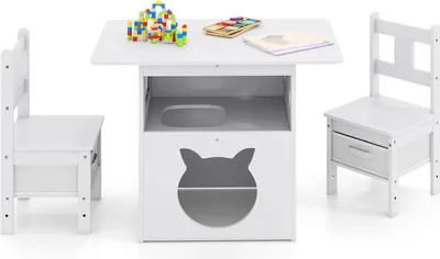 Image de Ensemble de table pour enfants - Table avec 2 chaises - Ensemble 3 pièces - Maison pour chat - 2 tiroirs en tissu - Bois - Blanc