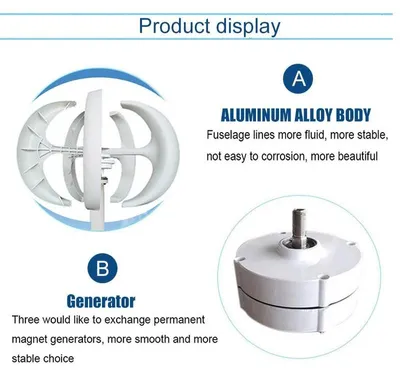 Produktbild von Vertikale Windturbine - SR-5000 Windgenerator - 5000 W - 12 V - 5 Rotorblätter - Hybrid-Laderegler - Anlaufwind 1,5 m/s - Leise - Weiß