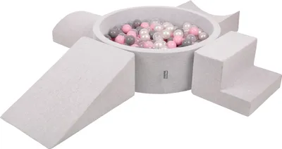 Obrázok produktu pre KiddyMoon Mäkké penové ihrisko pre deti s guľatým loptičkovým ihriskom (200 ∅ 7 cm) s mäkkými prekážkami a loptičkovým bazénom,  vyrobené v EÚ, Svetlo sivá:Perla/Grey/Transparentné/Púdrov
