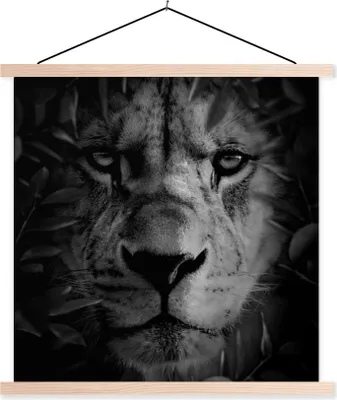 Produktbild von MuchoWow® Textilposter Pflanzen - Löwe - Natur - Schwarz - Weiß 40x40 cm mit holzfarbenen Rahmen - Posterleiste