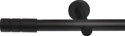 A close-up of a black curtain rod with decorative elements.