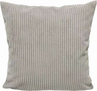 A close-up studio shot of a light gray corduroy pillow.