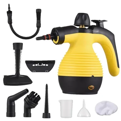 Immagine prodotto di Pulitore a vapore portatile, pressione di 3 BAR, intervallo di temperatura da 135°C a 169°C, serbatoio da 350 ml, tempo di riscaldamento di 2 minuti, 10 accessori per diverse superfici