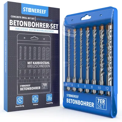 Produktbild von SDS Plus Bohrer Set 7 tlg 5-12 mm Betonbohrer Steinbohrer 7 Bohrer in den gängigen Dübelgrößen 5 bis 12 mm – Kreuzschneide für Beton, Stein, Mauerwerk
