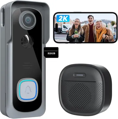 Produktbild von 2K Video-Türklingel mit Kamera Kabellos, IP66 Wasserdicht, Intelligente AI Bewegungserkennung, Nachtsicht 32GB