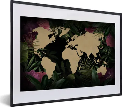 Produktbild von MuchoWow® MuchoWow® Gerahmtes Poster Weltkarte - Blumen - Blätter 60x40 cm - Poster mit zchwarzem Bilderrahmen - Schlafzimmer - Plakat in Rahmen - Drucken