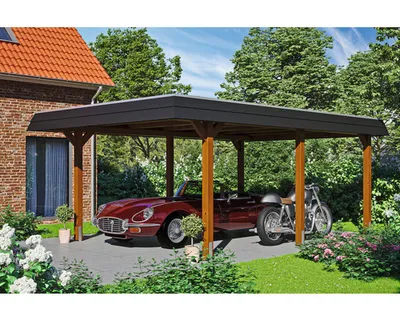 Produktbild von Einzelcarport SKAN HOLZ Wendland schwarze Blende inkl. Pfostenanker 409 x 628 cm nussbaum