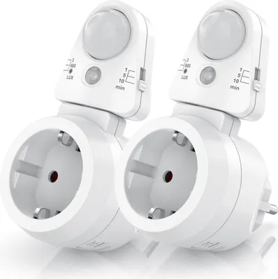Produktbild von BEARWARE Zwischenstecker Bewegungsmelder mit Timer, Steckdose, Lichtsensor, Infrarotsensor Bewegungssensor, 2er Set, Sensoreinheit 180° drehbar, 1, 5, 10 Minuten, 10A, 2300 W